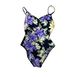 Vintage Liz Claiborne scrappy back floral purple one piece swimsuit built in bra